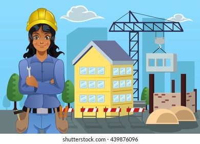 A vector illustration of female contractor standing in front of a house