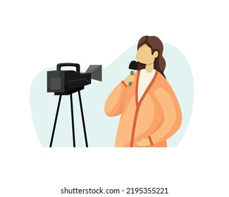 Vector illustration of a female correspondent recording a report on a video camera. Flat style