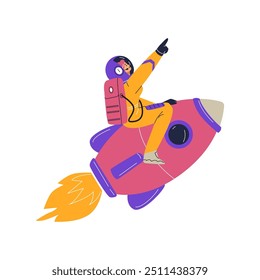 Vector illustration of a female cosmonaut in a spacesuit, flying on a rocket on a white background. The icon highlights the adventures in exploring the galaxy