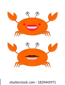 Vector illustration of a female crab and a male crab isolated on white. Smiling orange crabs.