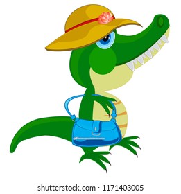 Vector illustration of the female of the crocodile in hat and hand-bag in hand