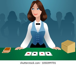 Vector Illustration Of A Female Croupier In A Casino