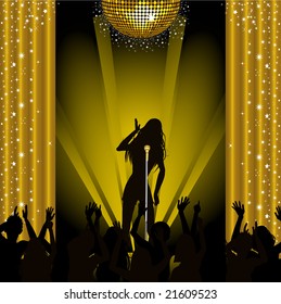 Vector illustration of female and crowd silhouettes on a stage scene with gold disco ball and curtains