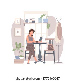 Vector illustration of female customer with hot drink reading interesting book while sitting at table in cozy restaurant