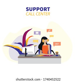 Vector illustration Female customer service. Hotline operator advises client, Online global technical support. Female customer service worker helping customers over phone calls. Flat illustration.