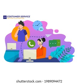 Vector illustration Female customer service. Hotline operator advises client, Online global technical support. Female customer service worker helping customers over phone calls. Flat illustration