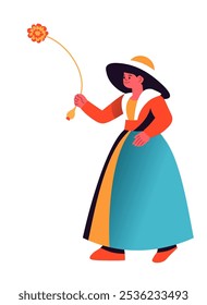 Vector illustration of a female dancer holding a mallet, in flat, minimalist style. Isolated on white background, ideal for festive or cultural themes.