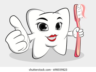 vector Illustration of female dental tooth mascot holding tooth brush and thumb up, isolated