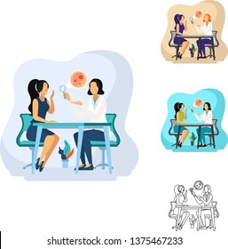 Vector Illustration of female dermatologist doctor doing skin scan checking on a women patient with acne and irritation problem. Suitable for banner landing page slider banner homepage website
