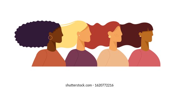 Vector illustration. Female diverse faces. Women of various nationalities, hair and skin color. Multi-ethnic beauty. Struggle for freedom, independence, equality. Flat design, isolated on white 