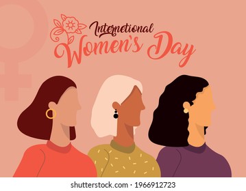 Vector illustration. Female diverse faces. Women of various nationalities, hair and skin color. Multi-ethnic beauty. Struggle for freedom, independence, equality. International Women's Day