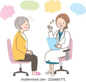 Ilustración vectorial de una doctora que examina a una anciana