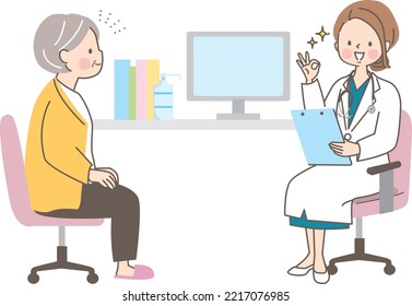 Vector illustration of female doctor examining senior woman