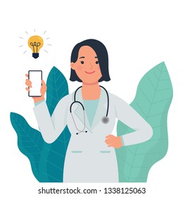 Vector Illustration A Female Doctor Holding Mobile Phone , And Doctor Show To Connect Faster To Patient With Mobile Phone, Flat Design Vector Doctor Adapt To Technology