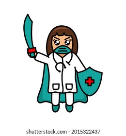 Vector illustration of female doctor like a superhero carrying a sword and shield to fight the virus