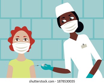 Vector illustration - a female doctor making a patient a coronavirus vaccine in the arm at the clinic. Concept stop covid-19.