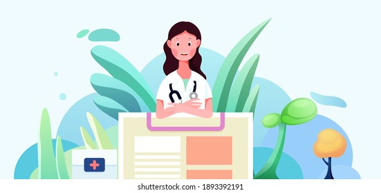 Vector illustration of female doctor with medical record book in green plant
