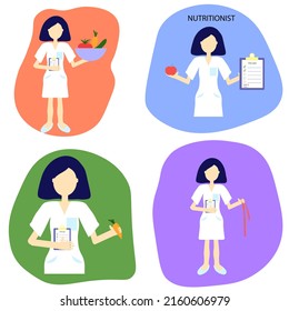 Vector illustration of a female doctor nutritionist, illustration in very peri color. Healthy lifestyle plan.