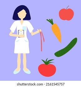 Vector illustration of a female doctor nutritionist, illustration in very peri color. Healthy lifestyle plan. fresh vegetable