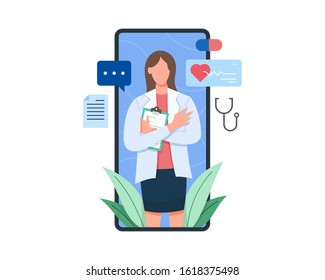 Vector illustration Female doctor on the screen of smartphone holding clipboard. Online health consultation with mobile phone, Concept of medical technology flat vector illustration