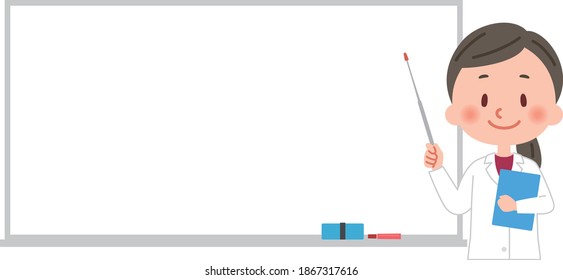 Vector illustration of a female doctor pointing at a whiteboard with a stick.
