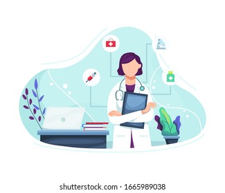 Vector illustration Female doctor portrait. Illustration of female doctor with stethoscope, Friendly young doctor. Medical staff doctor of medic. Vector illustration in a flat style