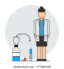 vector illustration of female doctor with several medical devices such as drugs, syringes and heartbeat checking devices