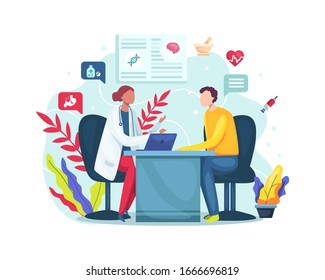 Vector Illustration Female Doctor Talking To Patient At Hospital Office. Conversation With Medic About Checkup Results. Consultation In Clinic Office. Vector Illustration In A Flat Style