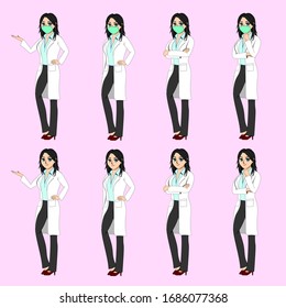 Vector illustration of a female doctor wearing a mask and coat. It has eight gestures on the pink background.