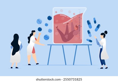 vector illustration of Female doctors observe patients immersed in liquids to discover alternative treatments and eliminate drug-based therapies from pharmaceutical companies in the laboratory