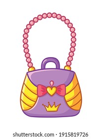 Vector illustration with female doll handbag in cartoon style. Nice accessory bag for the princess.