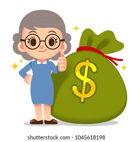 Vector illustration of female elder character standing by side giant money bag isolated on white background