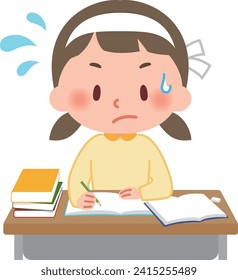 Vector illustration of a female elementary school student studying with a serious expression.