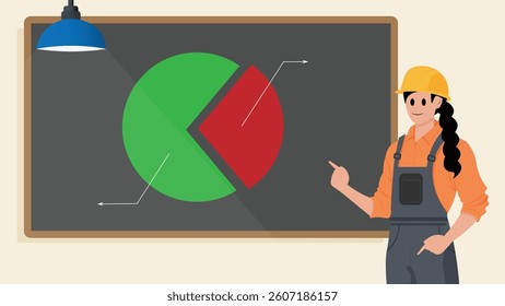 Vector illustration of a female engineer wearing a safety helmet and overalls, presenting a pie chart analysis on a chalkboard.