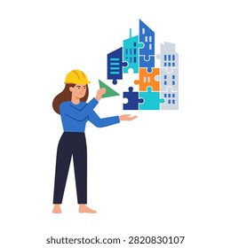 Vector illustration of a female engineer in a yellow hard hat assembling a jigsaw puzzle to build a city skyline