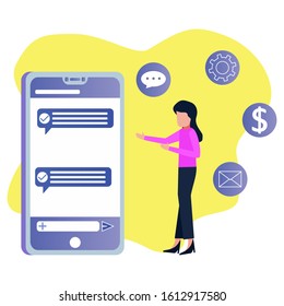 Vector illustration of female entrepreneur character standing next to a large cellphone with various icons.
setting up a start-up business project. the emergence of a career towards success 