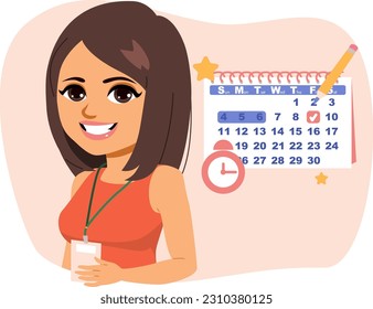 Vector illustration of female event planner coordinator welcoming. Woman with symbol calendar concept with scheduled dates and appointments, clock, to-do list with tasks, reminders