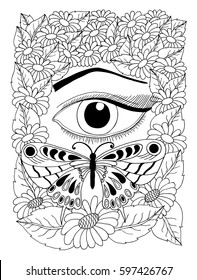 Vector illustration of a female eye with a butterfly surrounded by flowers. The work is done manually. Coloring books antistress for adults and children. Black and white.