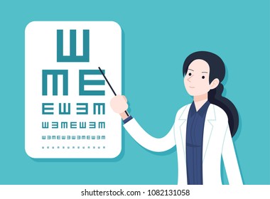 Vector Illustration, female eye doctor testing eyes