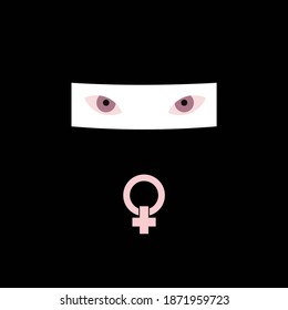 Vector illustration of female eyes enclosed in a white box on a black background, next to the symbol of the feminist struggle. Detail shot of Arab woman illustration.
