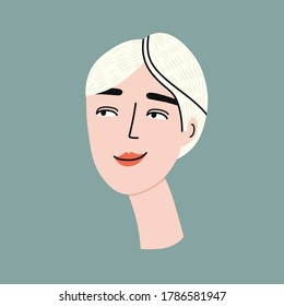 Ilustración vectorial de los rostros femeninos con peinado corto y labios rojos, sobre un fondo verde.