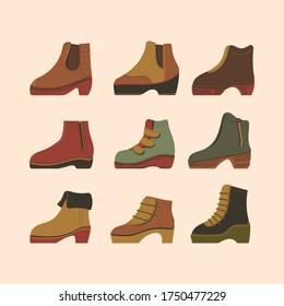 Vector illustration of female fall and winter shoes boots set