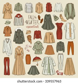 Vector illustration of female fall and winter fashion collection of clothes. Hand-drown objects sketch with coats, dresses, skirts, jacket, trousers, hats, gloves, socks. 