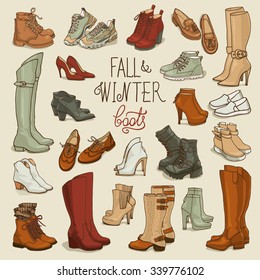 Vector illustration of  female fall and winter shoes, boots set. Hand-drown footwear illustrations. Fashion collection sketch.