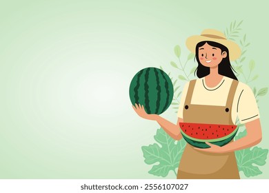 Vector illustration of a female farmer holding a whole and sliced watermelon, surrounded by greenery in a minimalist style, vector illustration.