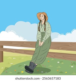 vector illustration of female farmer leaning on a wooden fence in a flower garden area
