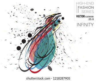 Vector illustration of a female fashion model wearing a colourful (yellow, red, blue) avant-garde dress made up of the infinity symbol with artistic black paint splashes coming out of it.