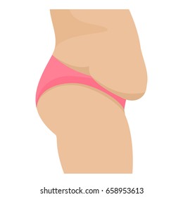 Vector illustration of a female fat belly. Isolated white background. Side view, profile. Flat style. Flabby, saggy, fatty belly.