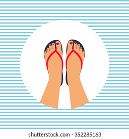 Vector illustration female feet with a pedicure in the summer flip-flops. summer - concept background