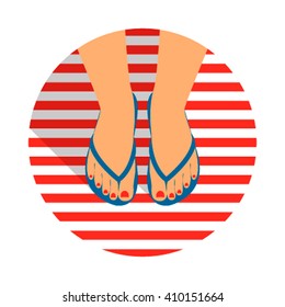 Vector illustration female feet with a pedicure in the summer flip-flops. flat vector illustration isolated on white background